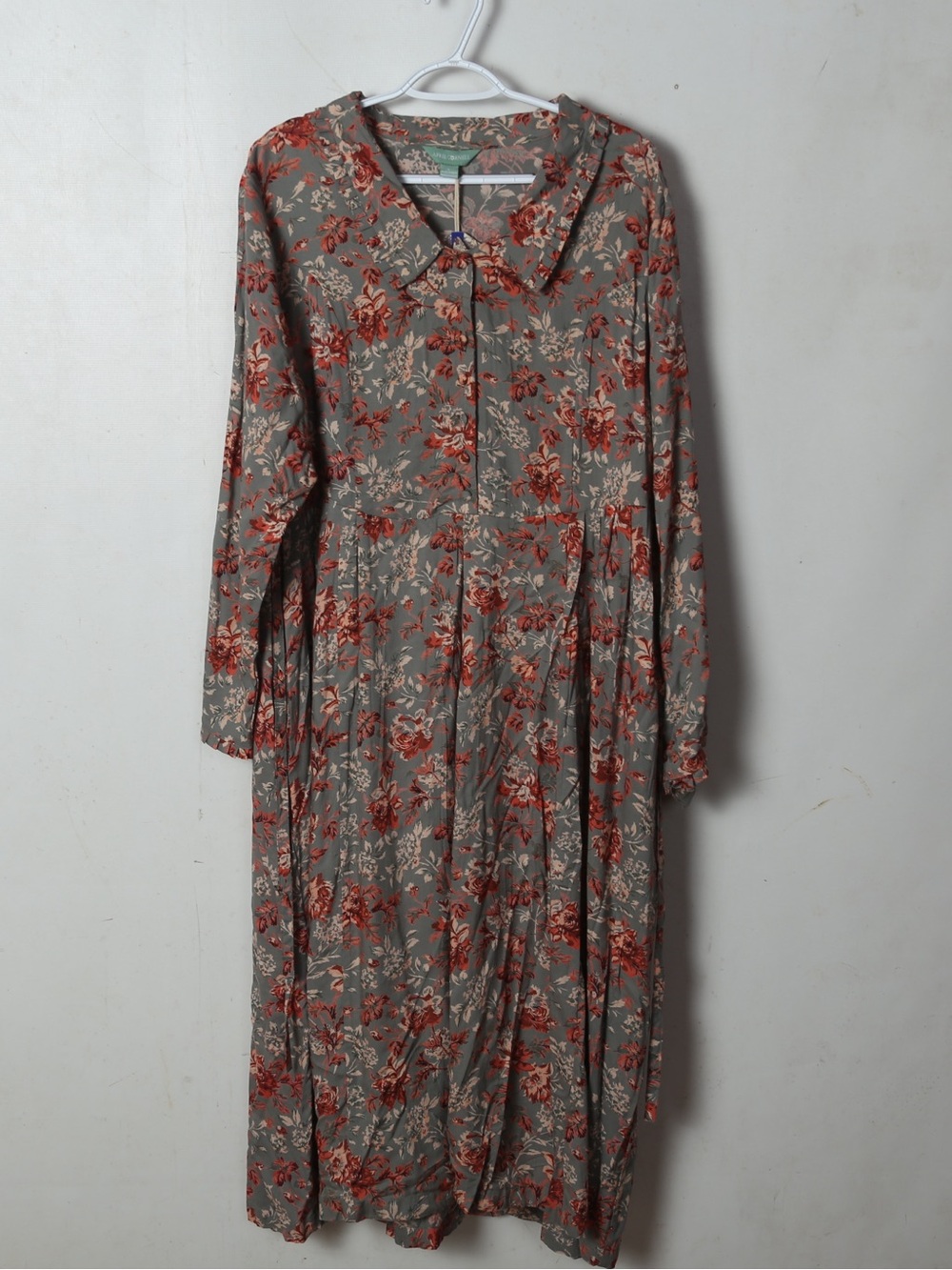 April Cornell Sage Green Long Sleeve Floral Midi Dress with Rust Bloom
